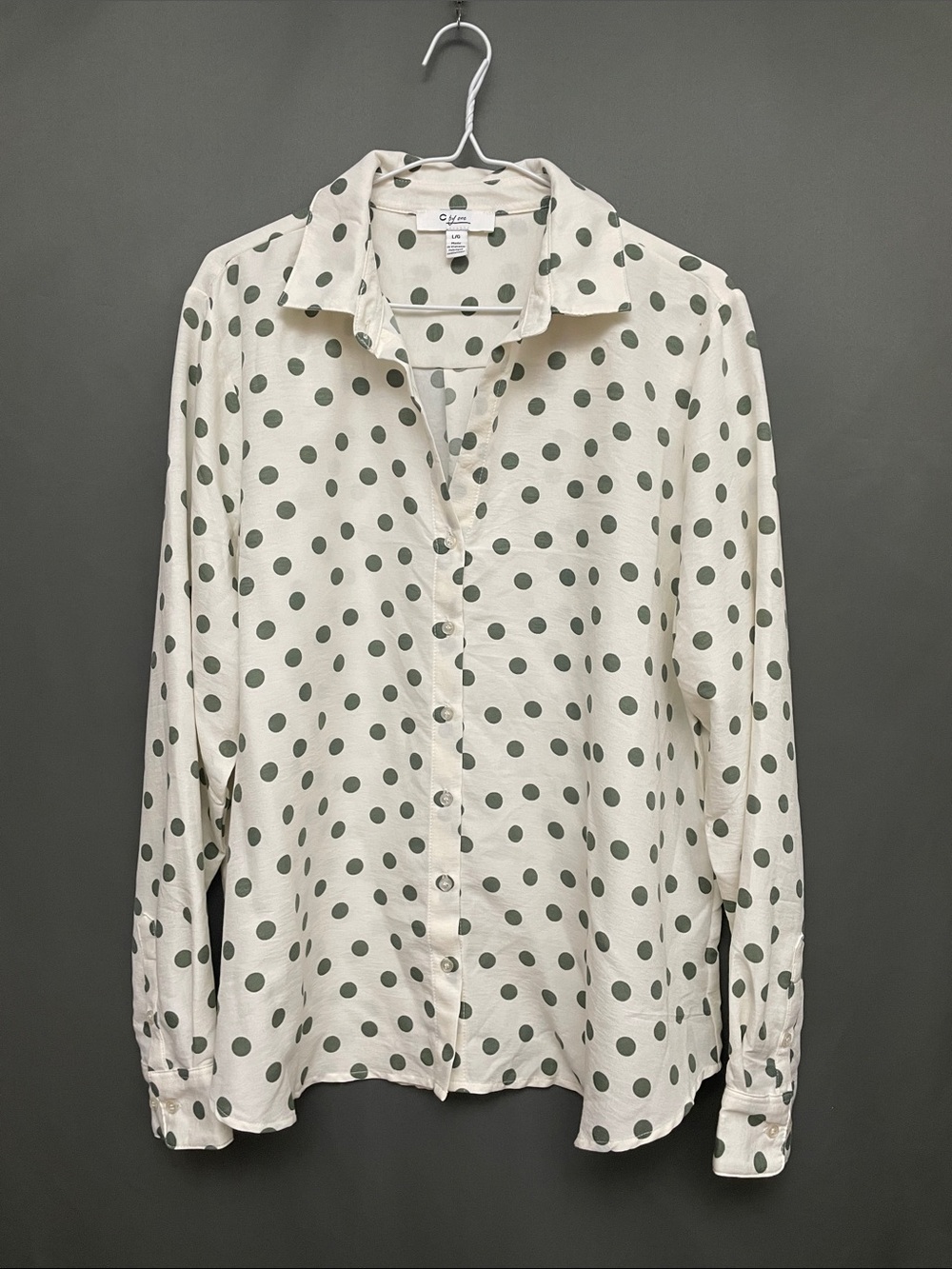 Women's Cream Button-Up Blouse with Sage Green Polka Dots
